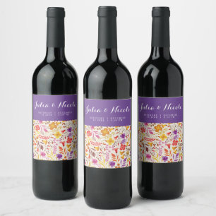 Purple Orange Boho Wildflower Foliage Wedding Wine Label
