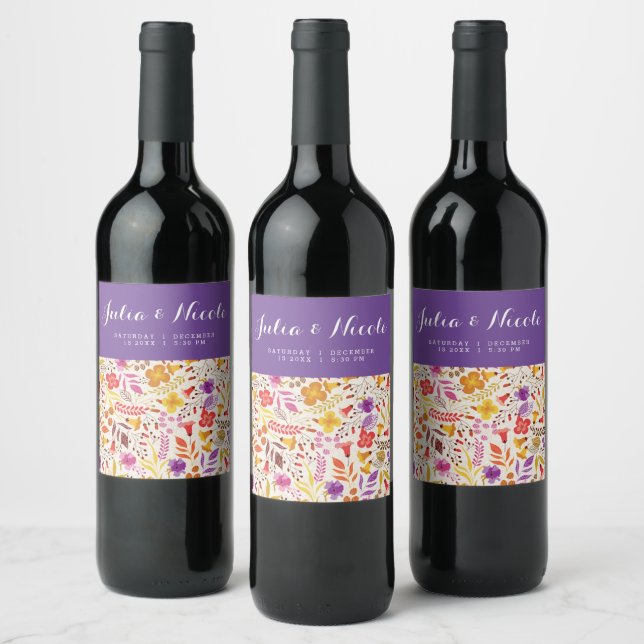 Purple Orange Boho Wildflower Foliage Wedding Wine Label (Bottles)