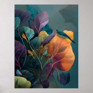 Purple Orange Botanical Birds Wall Poster Descript