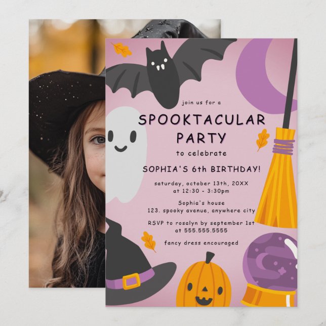 Purple Orange Cute Photo Halloween Kids Birthday Invitation (Front/Back)