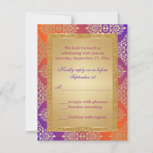 Purple Orange FAUX Gold Glitter, Damask RSVP Card