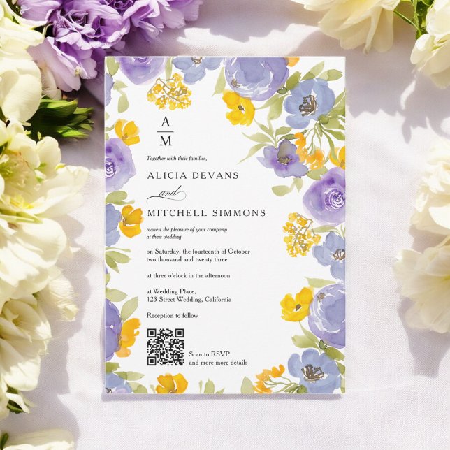 Purple orange Floral monogram Qr photo wedding Invitation (Purple orange Floral monogram Qr photo wedding Invitation)