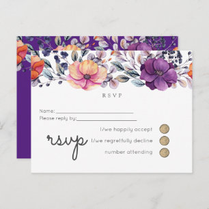 Purple Orange Floral Wedding RSVP Invitation Postcard