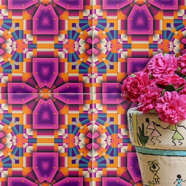 Purple Orange Funky Cool Kaleidoscope Mosaic Tile (Creator Uploaded)