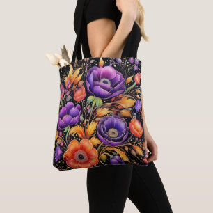 PURPLE & ORANGE GLITTERY HALLOWEEN FLOWERS TOTE BAG