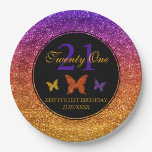 Purple & Orange Gradient Faux Glitter Birthday Paper Plate