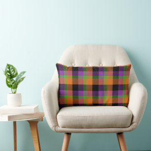 PURPLE ORANGE GREEN BLACK HALLOWEEN PLAID PATTERN LUMBAR CUSHION
