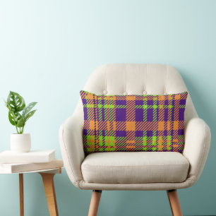PURPLE ORANGE GREEN BLACK HALLOWEEN PLAID PATTERN LUMBAR CUSHION