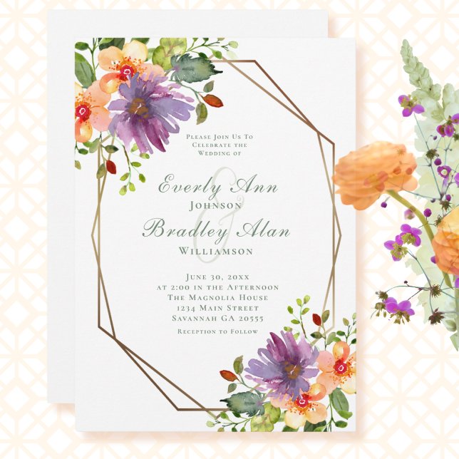 Purple Orange Green Floral QR Code Photo Wedding Invitation (Creator Uploaded)