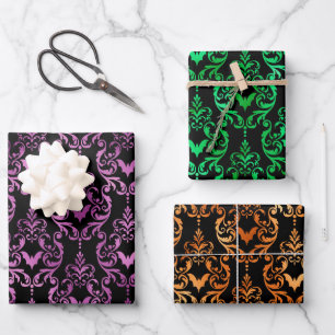 Purple, Orange & Green Foil Bats Damask Halloween Wrapping Paper Sheet
