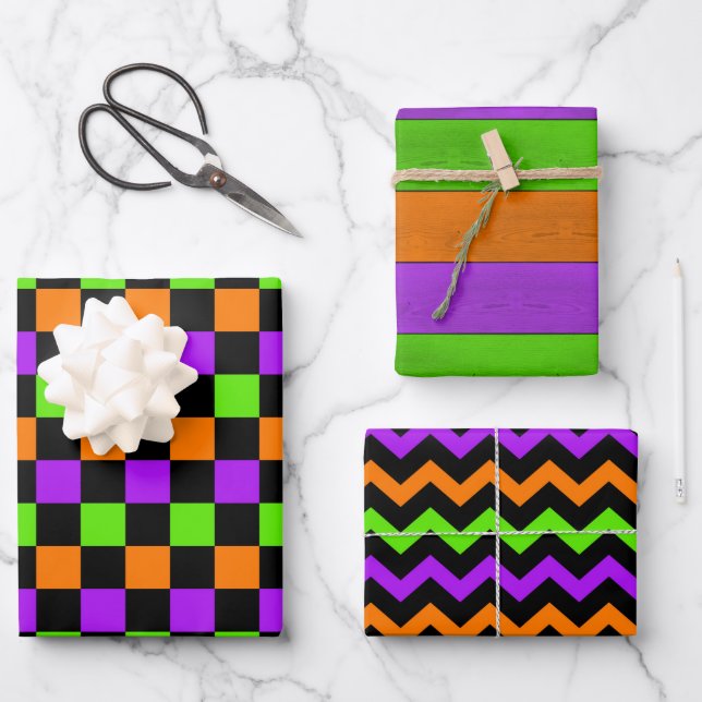 PURPLE ORANGE GREEN YELLOW HALLOWEEN PATTERNS WRAPPING PAPER SHEET (Front)