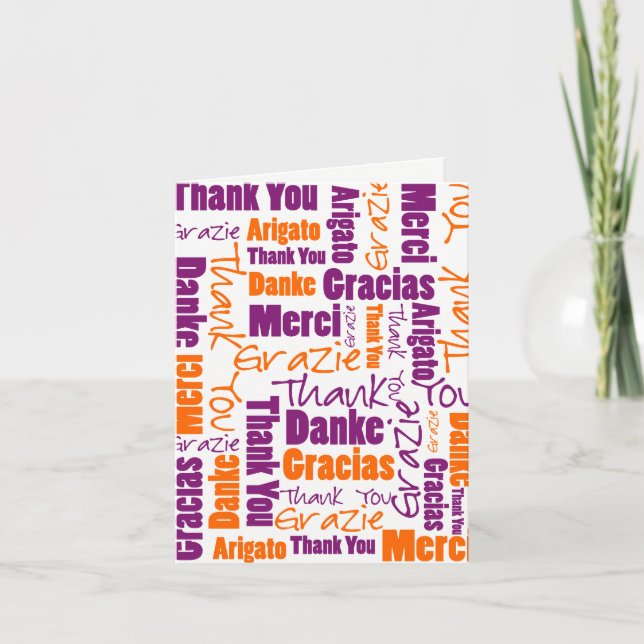 Purple Orange Multilingual Word Cloud Typography Thank You Card (Front)