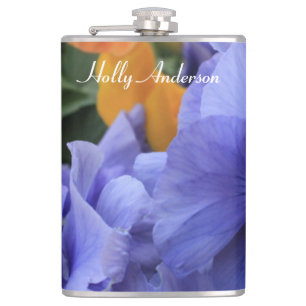 Purple & Orange Pansies w/ Green Floral Photo 4810 Hip Flask