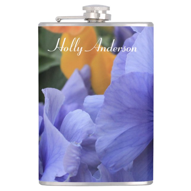 Purple & Orange Pansies w/ Green Floral Photo 4810 Hip Flask (Front)