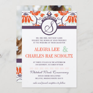 Purple Orange Persimmon and Mint Paisley Wedding Invitation