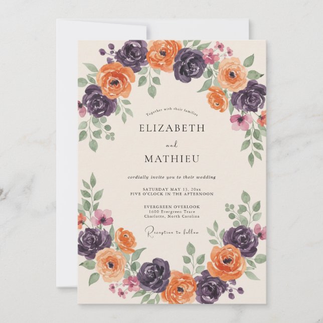 Purple Orange Petal Wedding Invitation (Front)