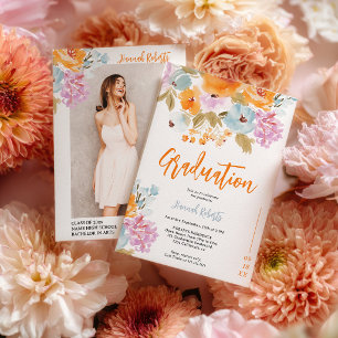 Purple Orange photo Boho floral graduation Invitation
