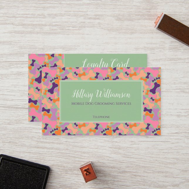 Purple Orange Pink dog bone pet grooming service  Loyalty Card (Front/Back In Situ)