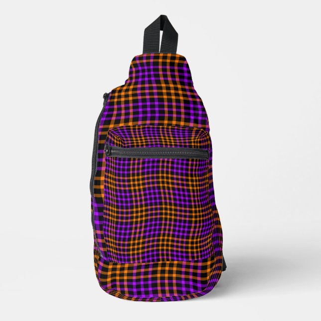 Purple Orange Plaid Checker Seamless Pattern Sling Bag (Front)