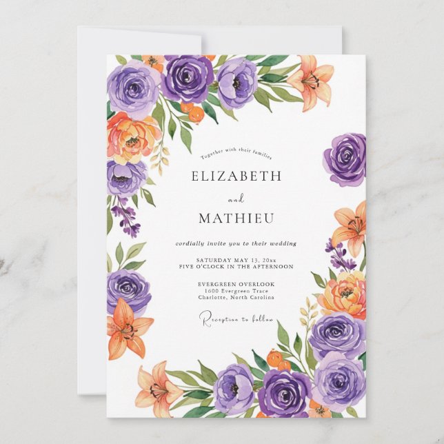 Purple Orange Radiant Botanical Wedding Invitation (Front)