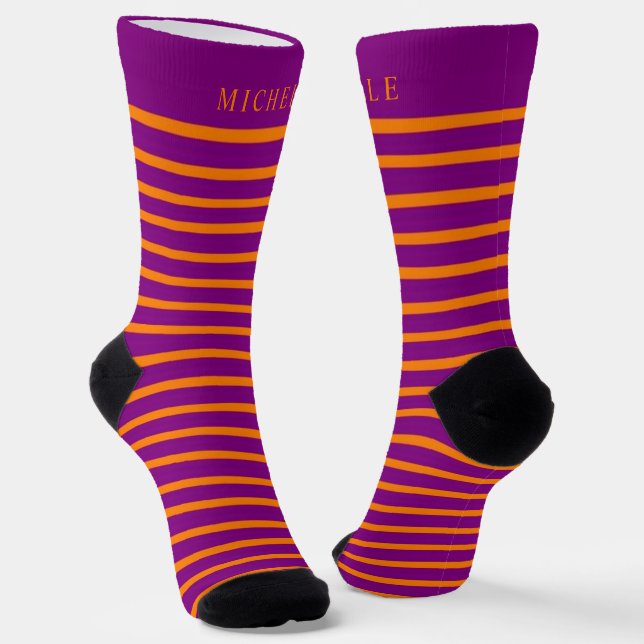 Purple Orange Red Lines Striped Custom Name  Socks (Angled)