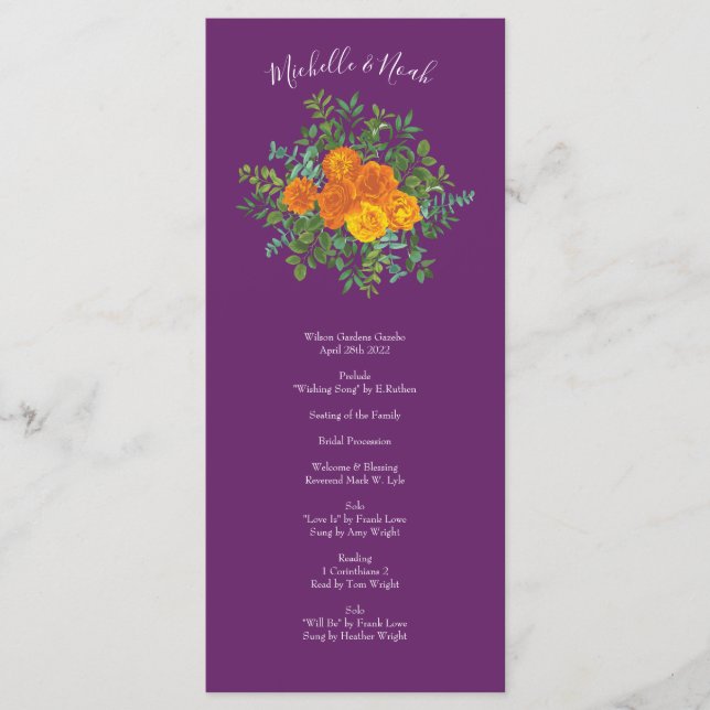 Purple Orange Rose Wedding Spring Menu (Front)