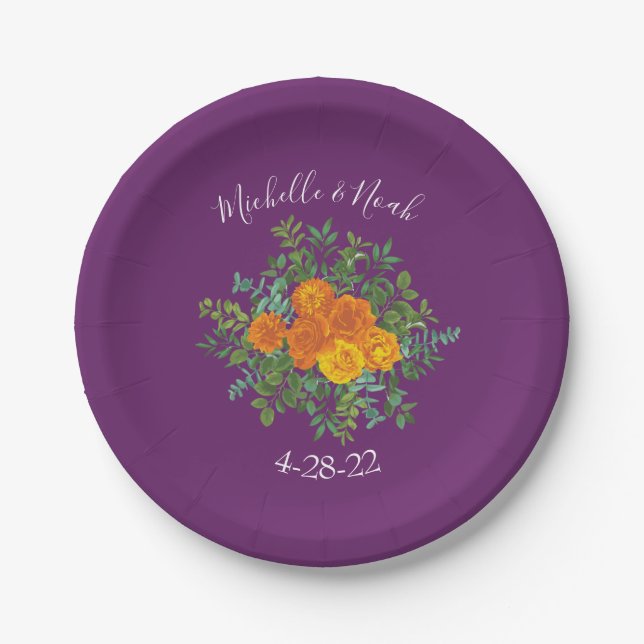 Purple Orange Rose Wedding Spring Paper Plate (Front)