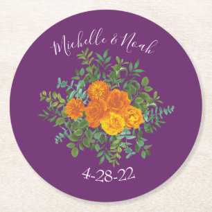 Purple Orange Rose Wedding Spring Round Paper Coaster