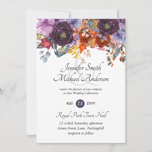 Purple Orange Roses Plum Floral Wedding Invitation (Front)