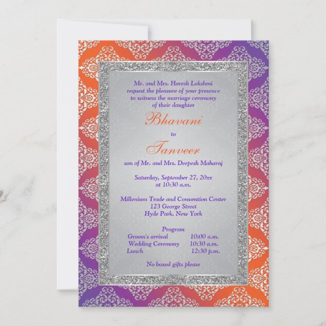 Purple, Orange, Silver FAUX Glitter Wedding Invite (Front)