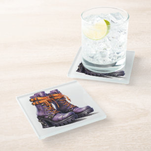 PURPLE & ORANGE VICTORIAN HALLOWEEN BOOTS GLASS COASTER