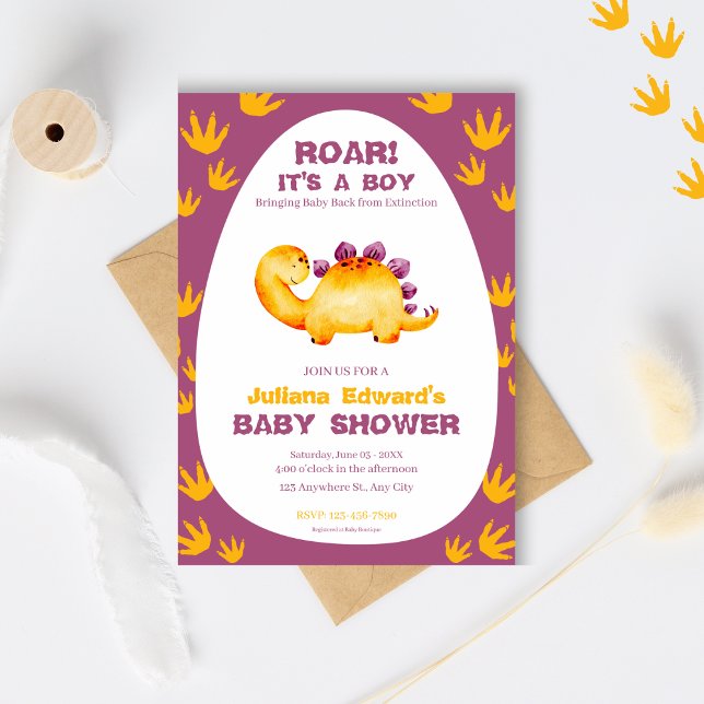 Purple Orange watercolor Dinosaur Baby Boy Shower  Invitation (Creator Uploaded)