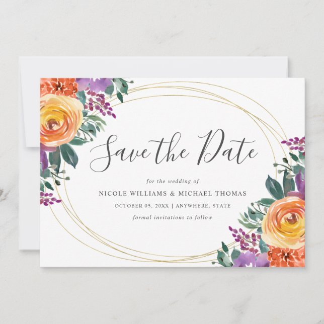 Purple Orange Watercolor Floral Save The Date (Front)