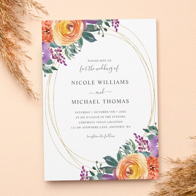Purple Orange Watercolor Floral Wedding Invitation (Creator Uploaded)