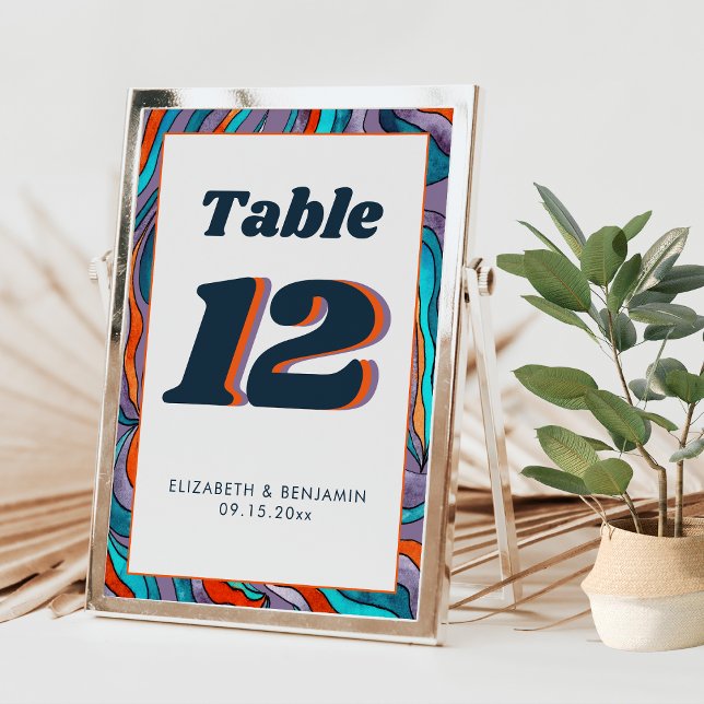 Purple Orange Wavy Modern Retro Groovy Wedding Table Number (Front and Back)