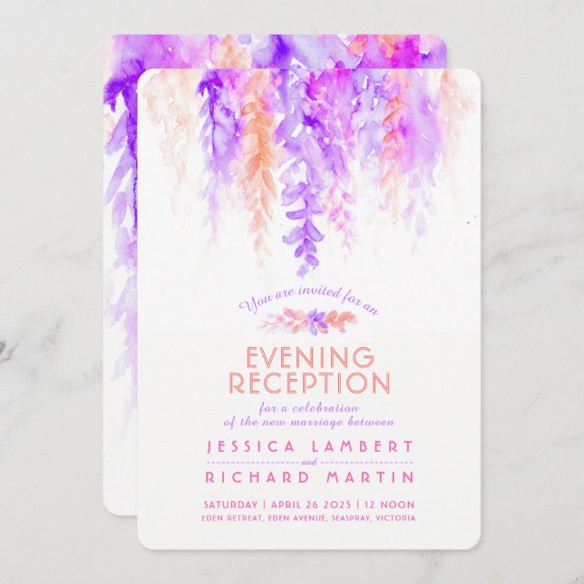 Purple orange wedding evening reception invites (Front/Back)
