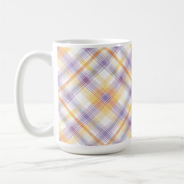 PURPLE ORANGE WHITE EASTER PLAID PATTERN COFFEE MUG (Left)