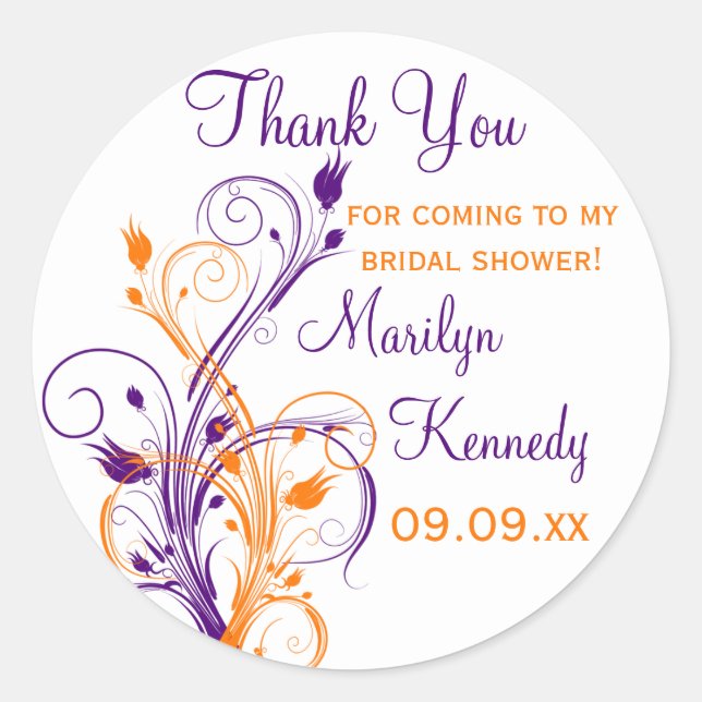 Purple Orange White Floral Bridal Shower Sticker (Front)