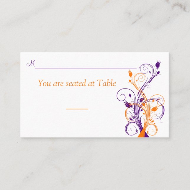Purple Orange White Floral Wedding Place Card (Front)