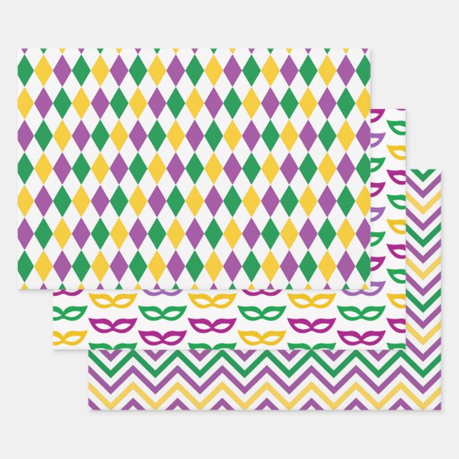 PURPLE ORANGE YELLOW MARDI GRAS THEME WRAPPING PAPER SHEET (Set)