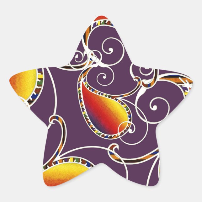 Purple orange yellow paisley pattern star sticker (Front)