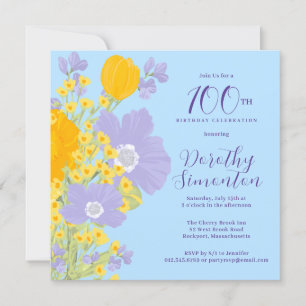 Purple Orange Yellow Wildflowers 100th Birthday Invitation