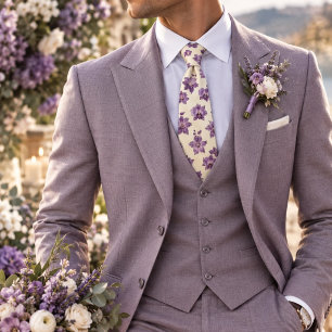 Purple Orchid and Clematis Floral on Ivory Tie