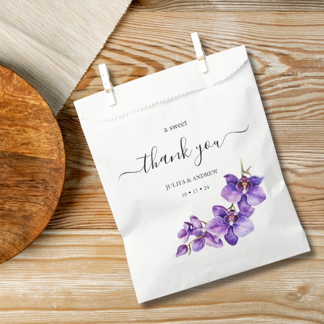 Purple orchid and white script wedding  favour bags (Creator Uploaded)