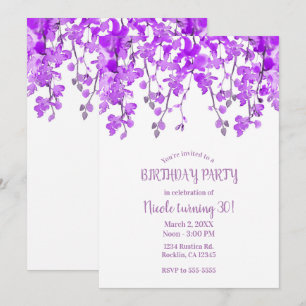 Purple Orchid Branches Floral Birthday Party Invitation