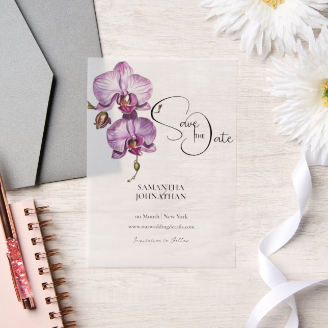 Purple orchid floral cascade tropical flower vellum invitations (Wedding)