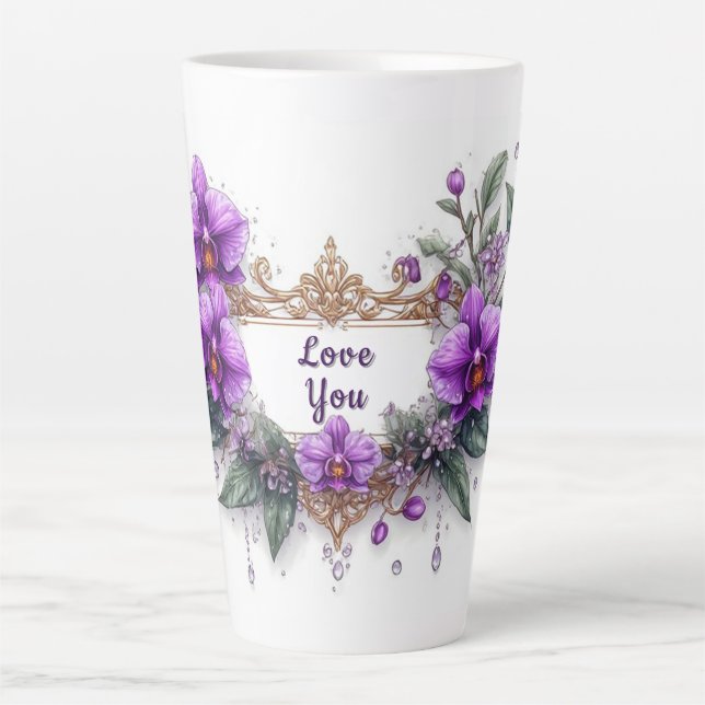 Purple Orchid Floral Frame Latte Mug (Front)