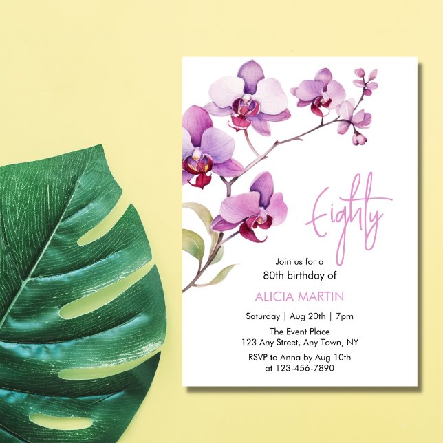 Purple Orchid Flower Blossom 80th Birthday Invitation (Creator Uploaded)