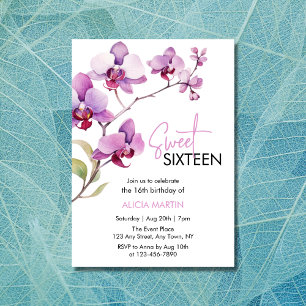 Purple Orchid Flower Blossom Sweet 16 Birthday Invitation