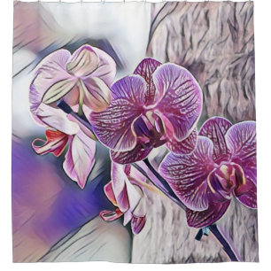 Purple orchid flower on a wooden log painting  shower curtain